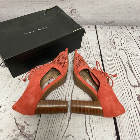Tahari Shoes‎ Womens Size 9M Coral Pink Megyn Suede Lace Up Perforated Open Toe - Picture 5 of 11